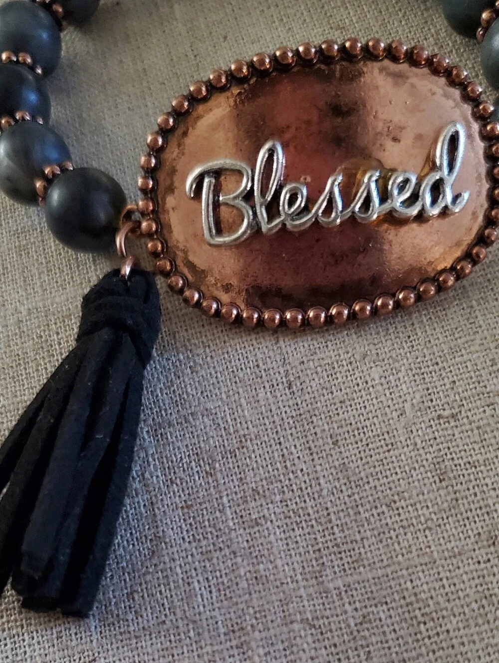 Blessed Black Beaded Stretch Bracelet Copper Tone Tassel Boho OS Boutique New